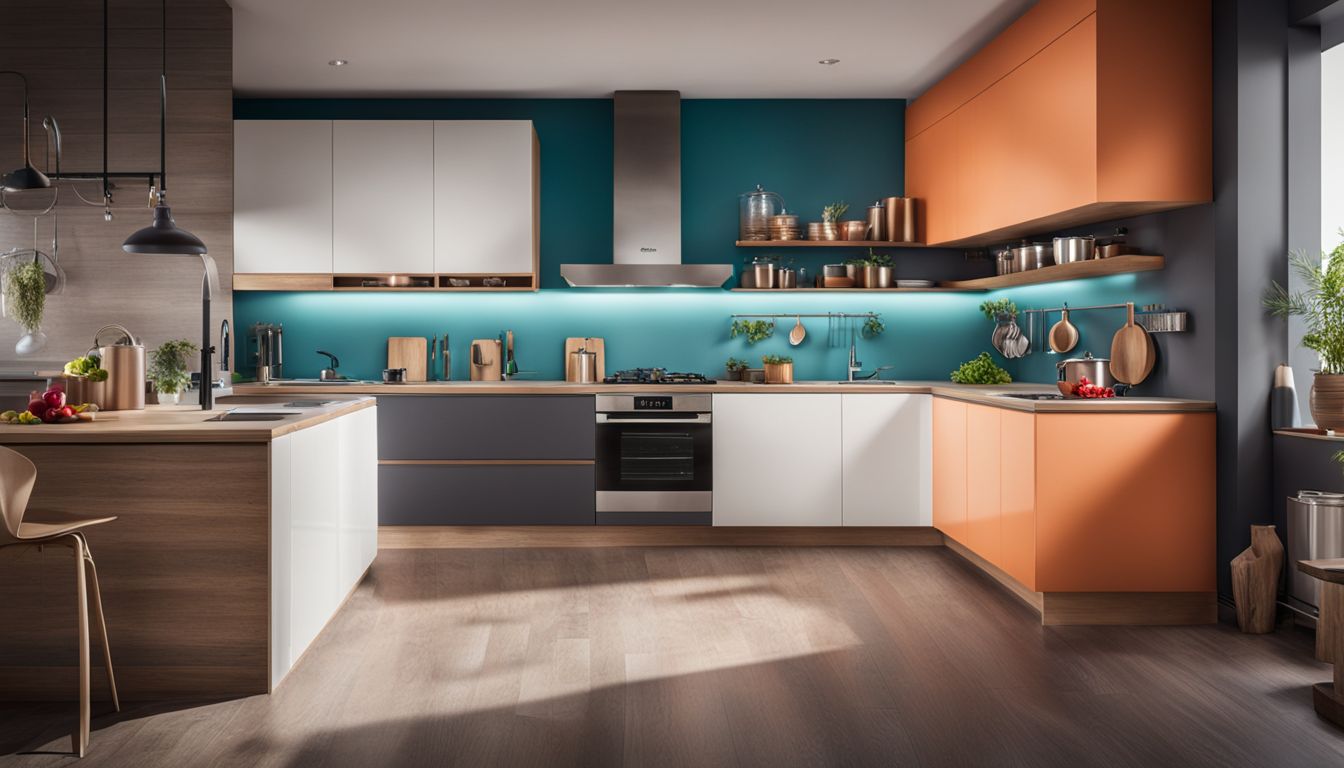 A modern kitchen with colorful cookware and an electric range.