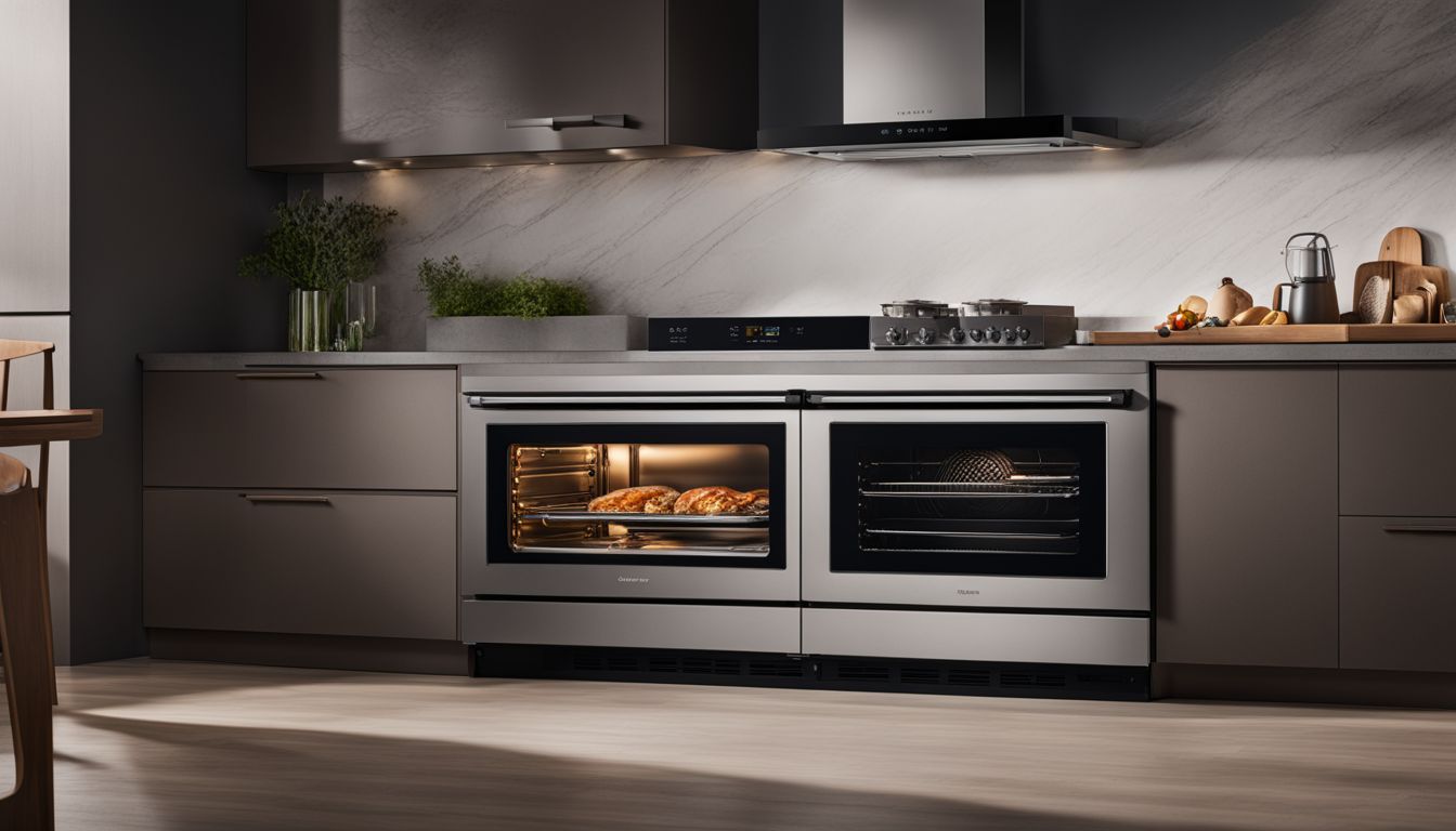 A modern oven showcasing its energy efficiency features in a bustling kitchen environment.