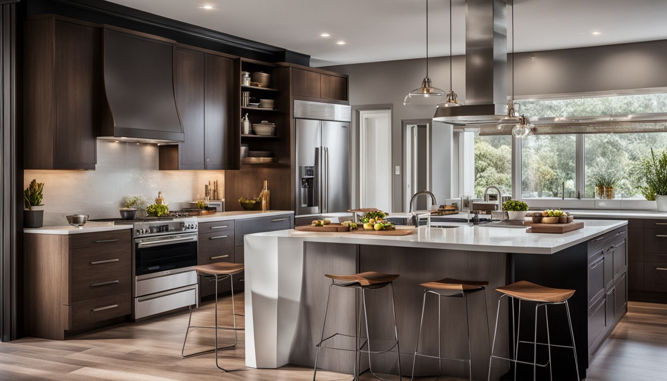 A modern kitchen with sleek appliances and a bustling atmosphere.