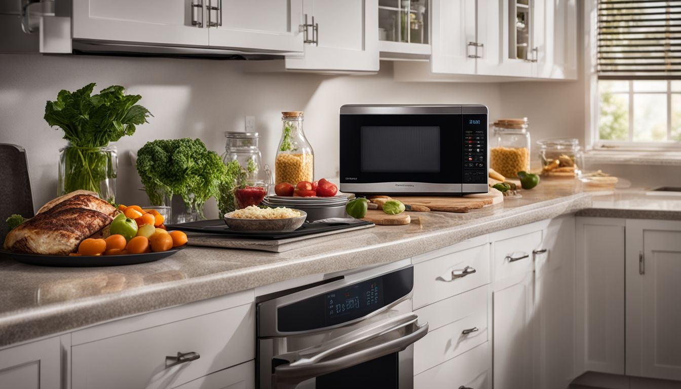 A well-lit kitchen countertop displaying a microwave surrounded by food.