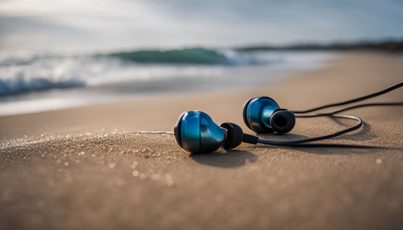 Earbuds on a sandy beach with crashing waves in the background.