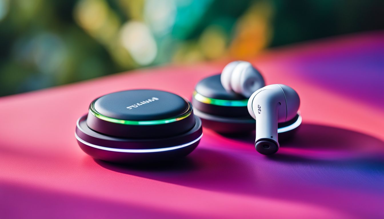 A diverse array of earbuds on a colorful background.