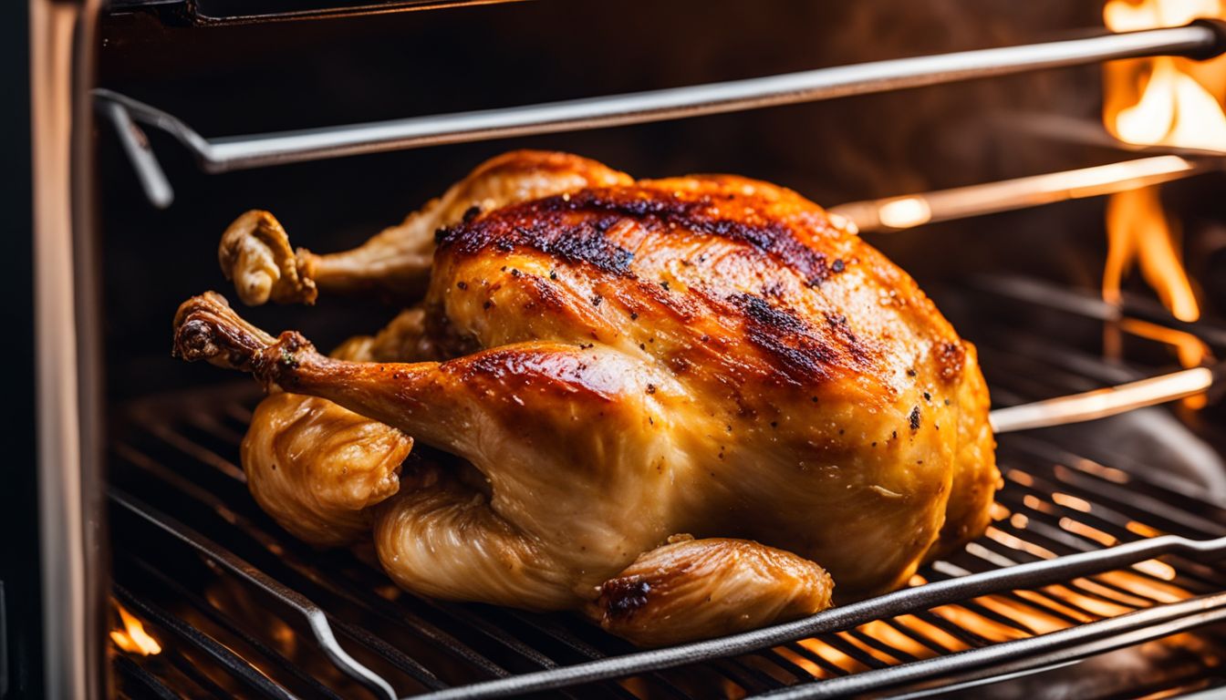 A close-up of a perfectly roasted chicken in a sleek oven.