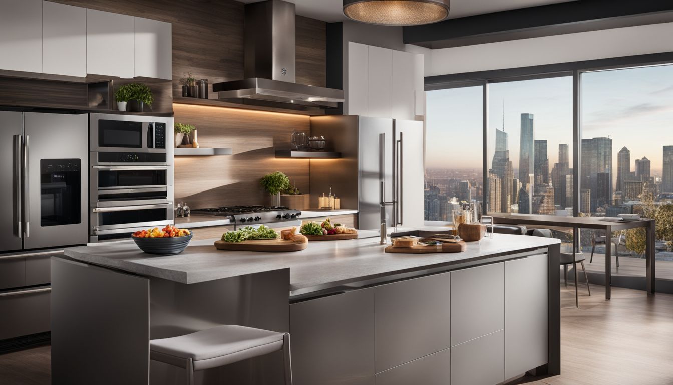 The GE Smart Countertop Microwave in a modern kitchen surrounded by sleek appliances.