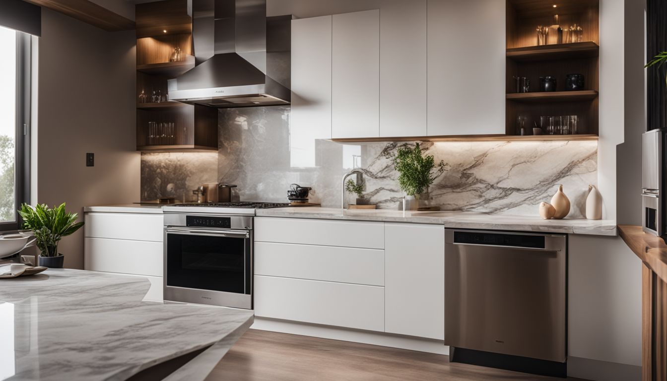 A modern kitchen with stainless steel microwave and marble countertop.