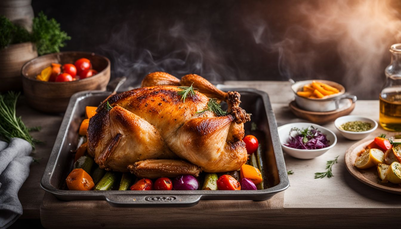 A perfectly cooked roast chicken with vegetables on a baking tray.