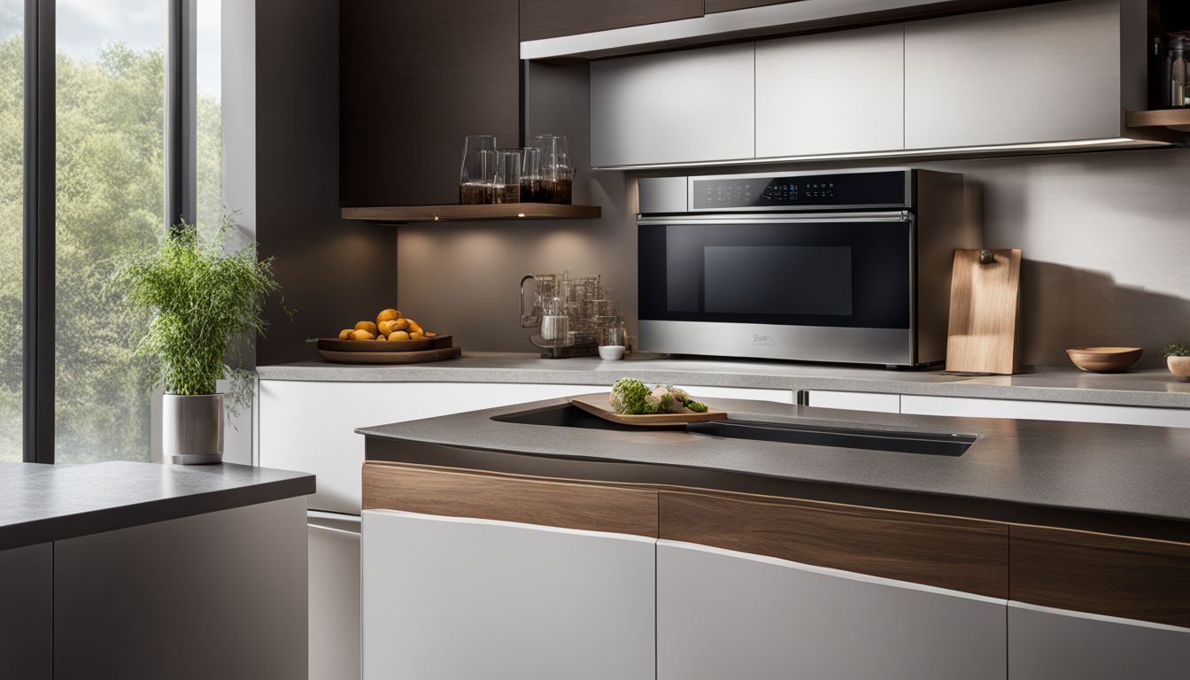 A modern microwave in a contemporary kitchen surrounded by stainless steel appliances.