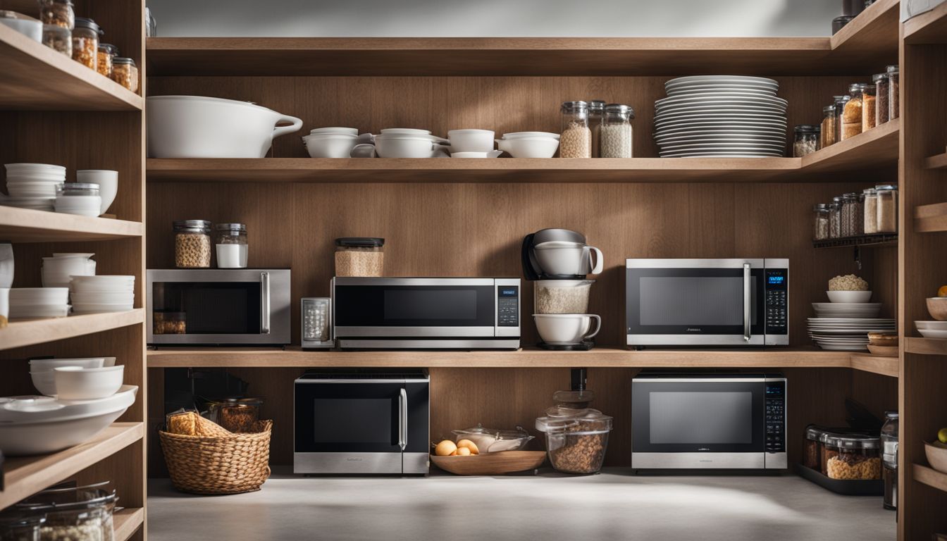A collection of microwave brands arranged in a clean and organized kitchen pantry.