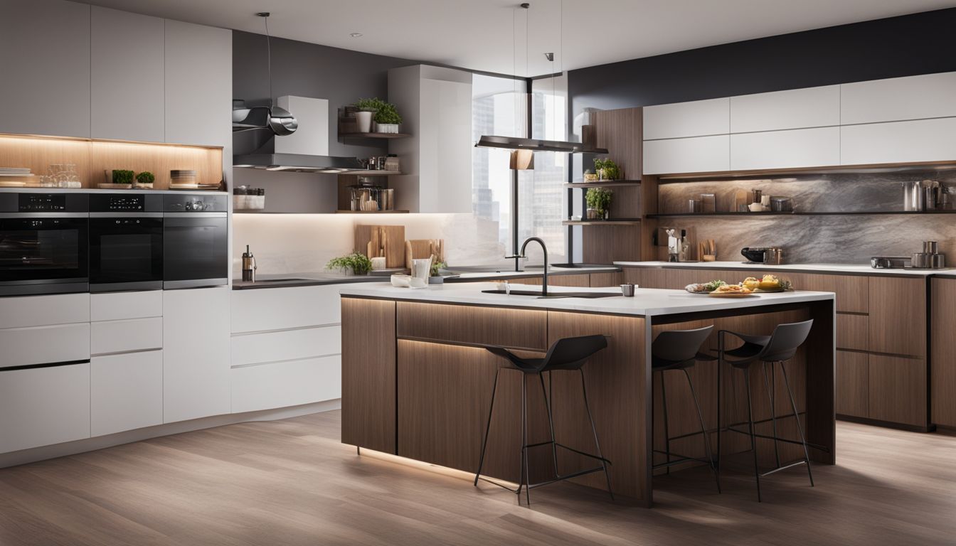 'Sleek modern kitchen with over-the-range microwave and bustling atmosphere.'