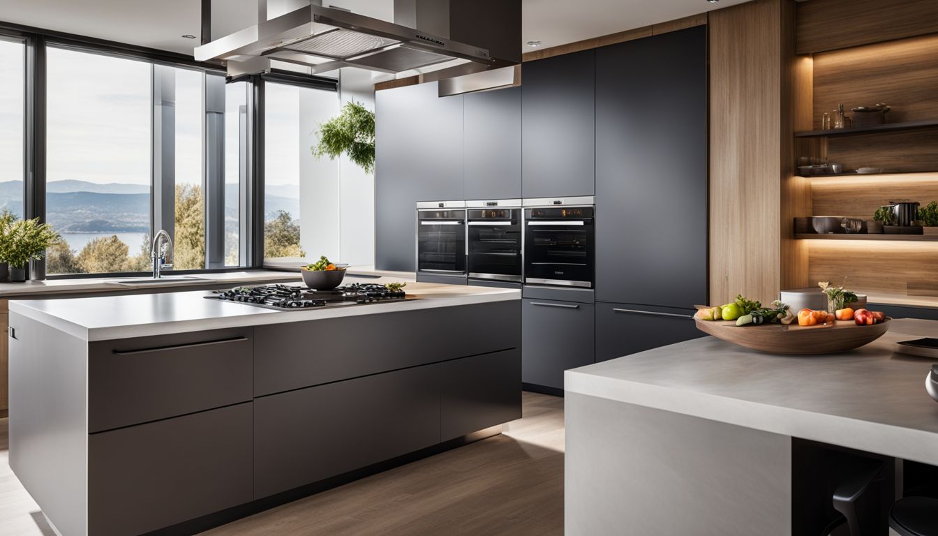 A modern stainless steel oven in a sleek, contemporary kitchen.