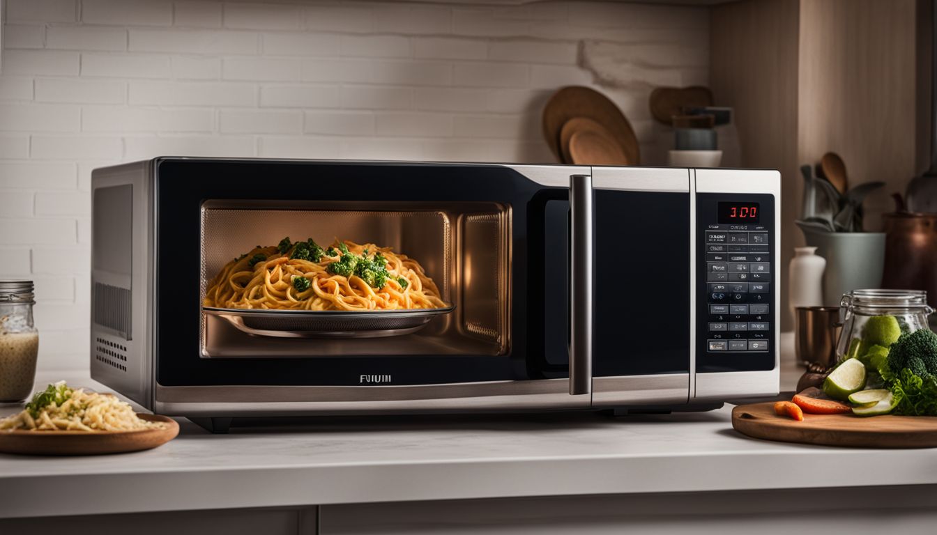 A still-life photo of a microwave surrounded by various food items.