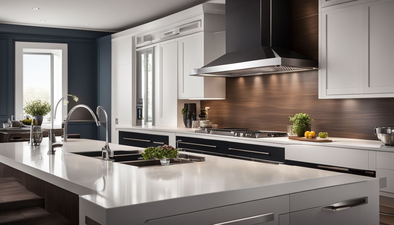 A sleek and modern range hood in a stylish kitchen with stainless steel appliances.