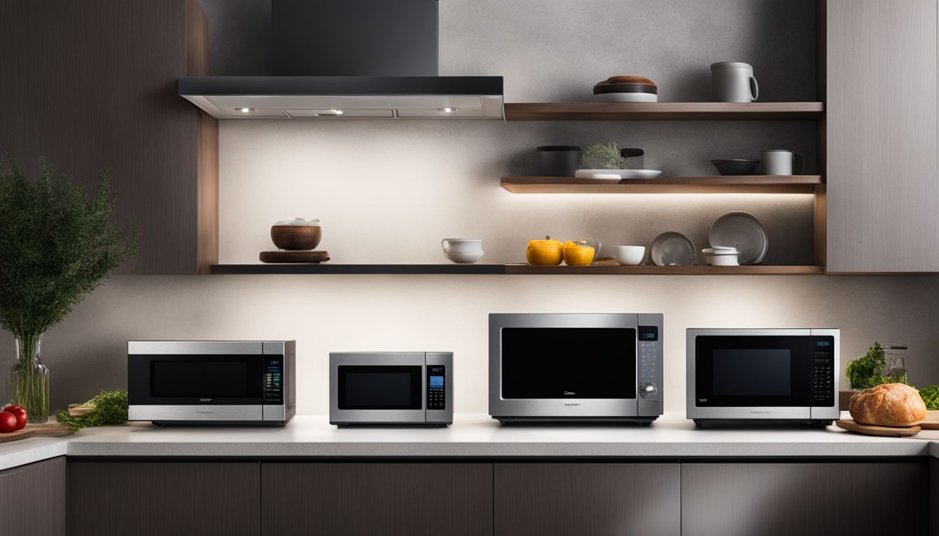 A variety of microwaves in different sizes and wattages displayed in a modern kitchen setting.