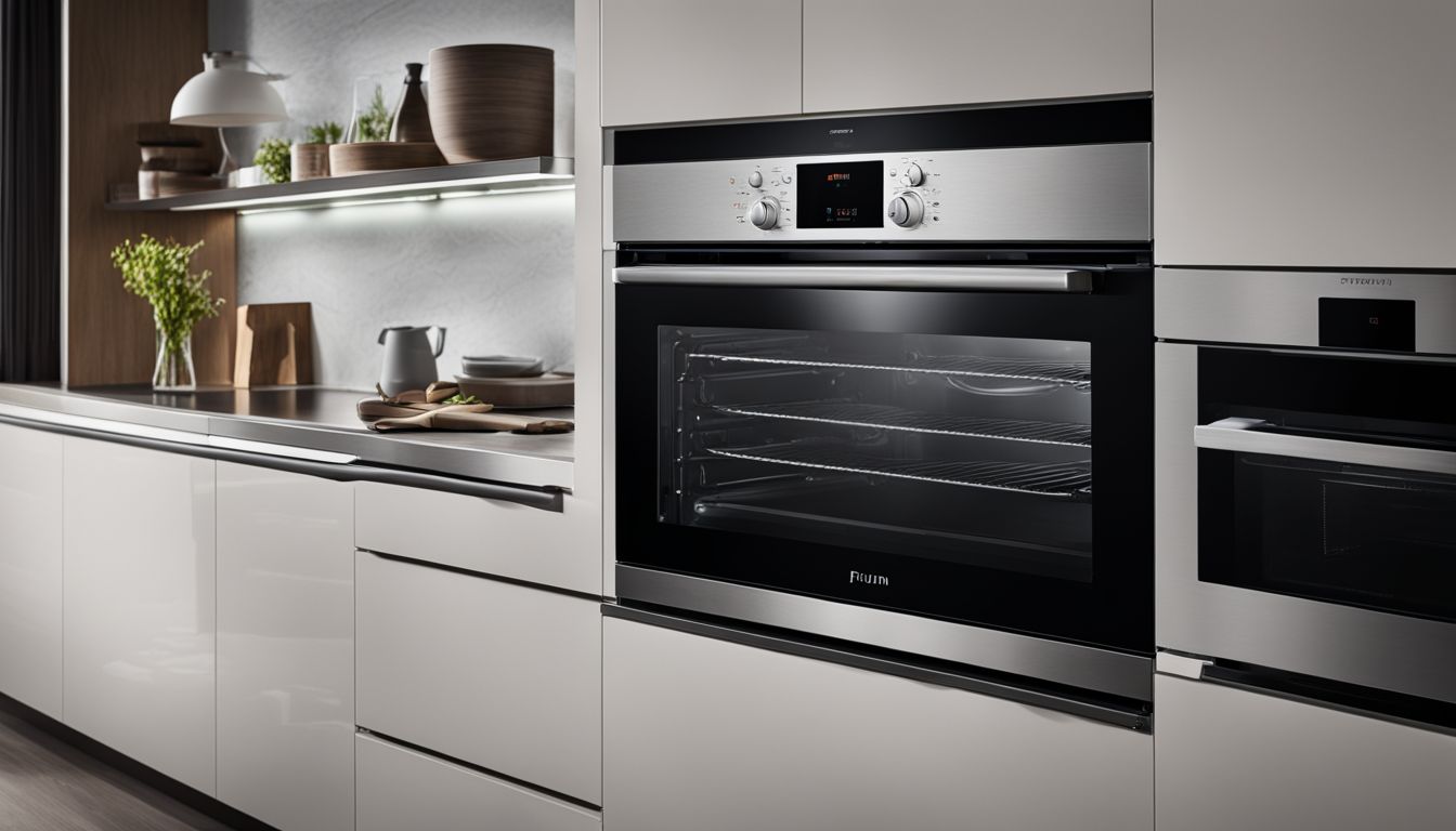 A modern oven with glass doors and digital controls showcasing various features.