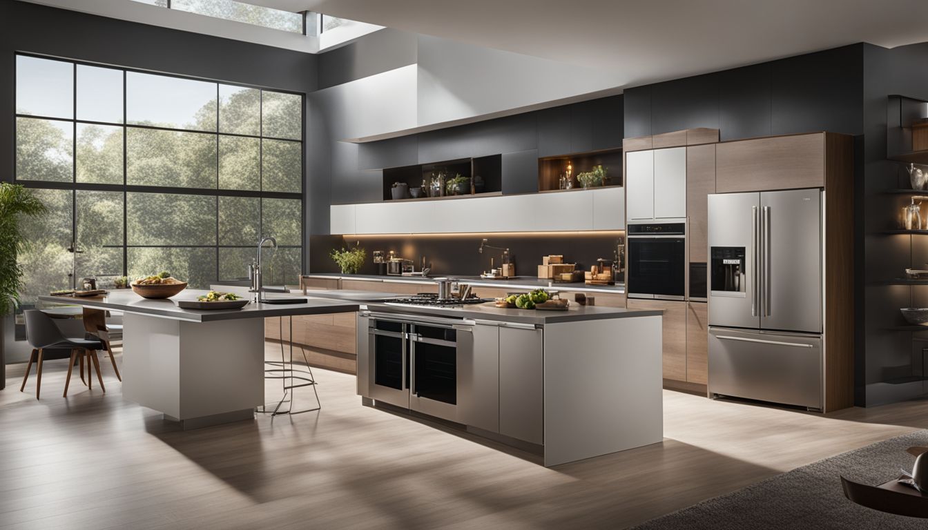 A modern kitchen with sleek ovens from various brands, well-lit and bustling.