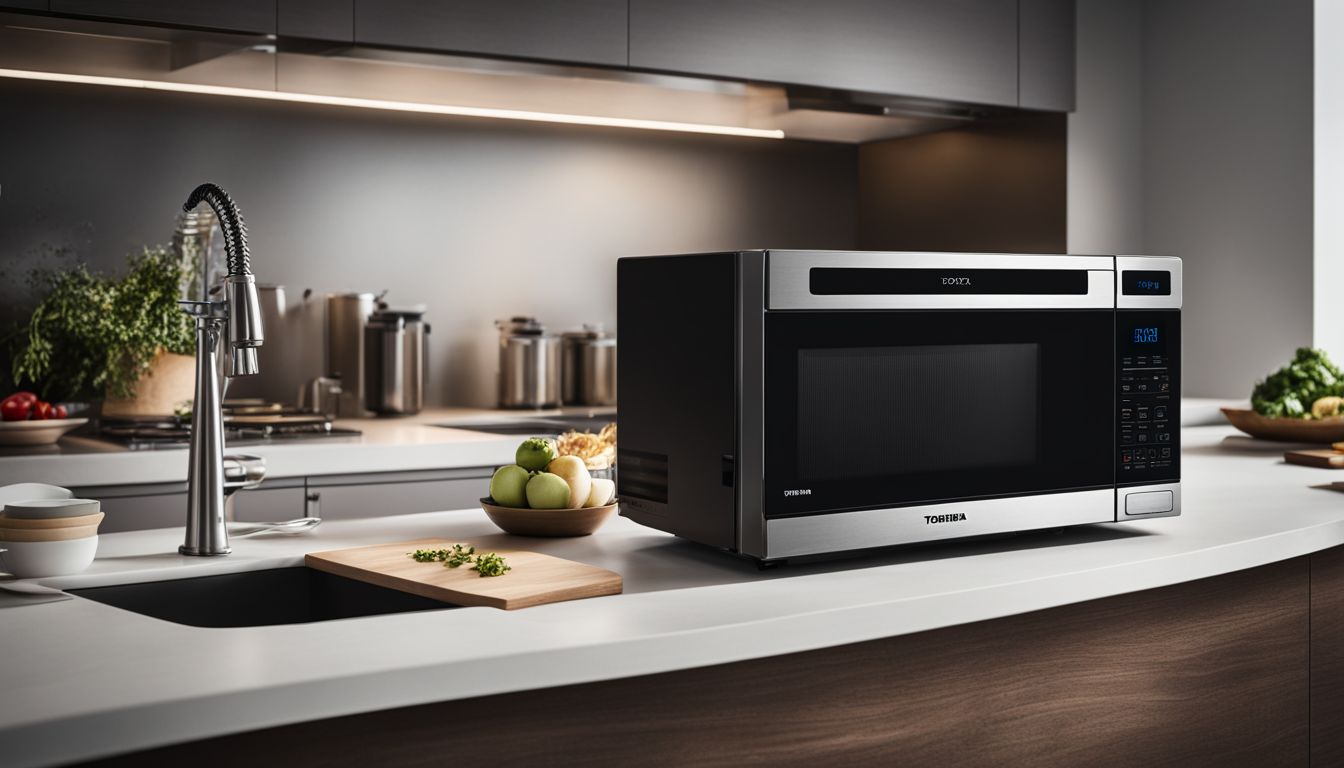 A sleek and modern kitchen countertop featuring the Toshiba EM131A5C-BS microwave.