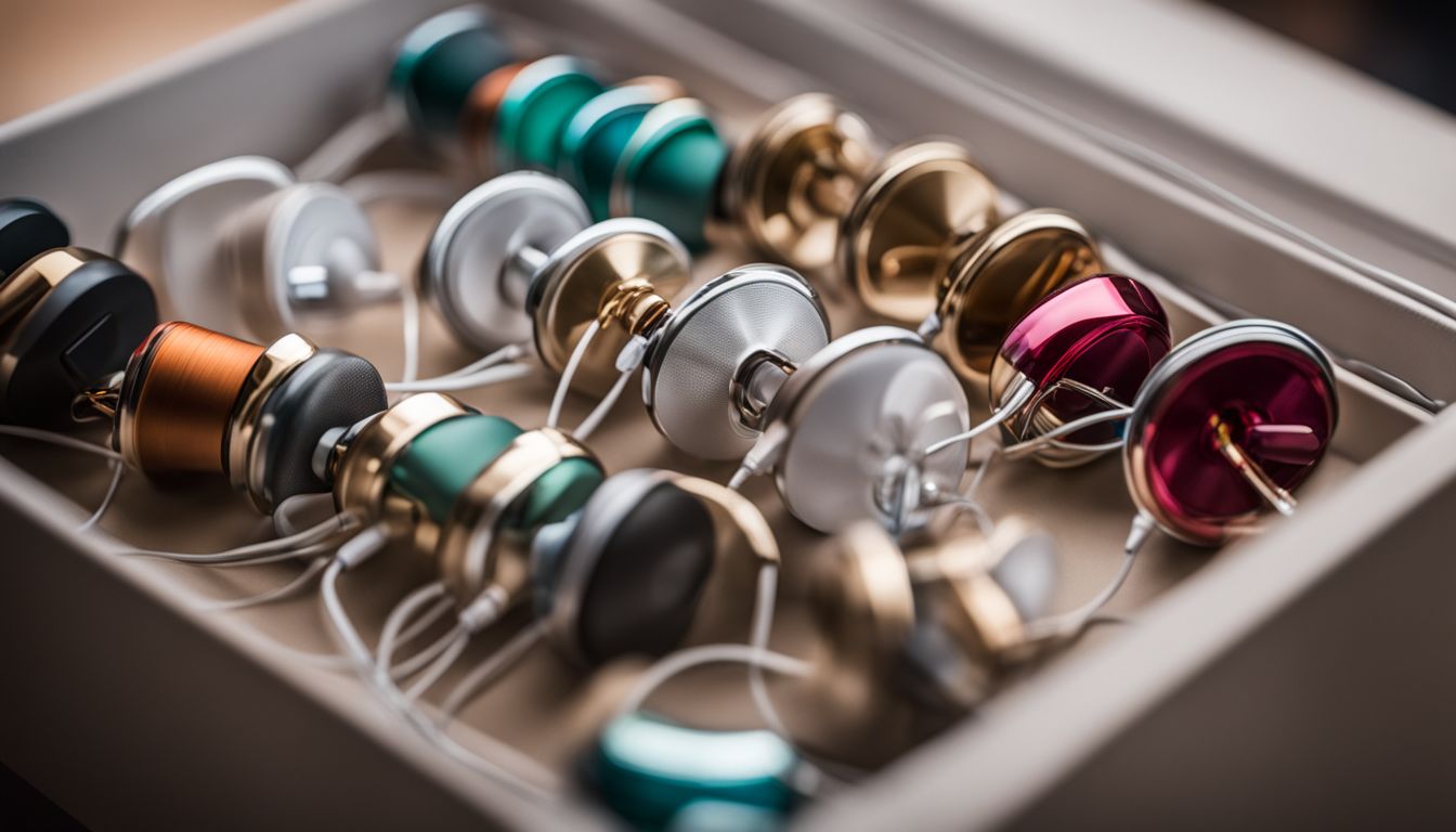 A variety of stylishly organized earbuds in a bustling atmosphere.
