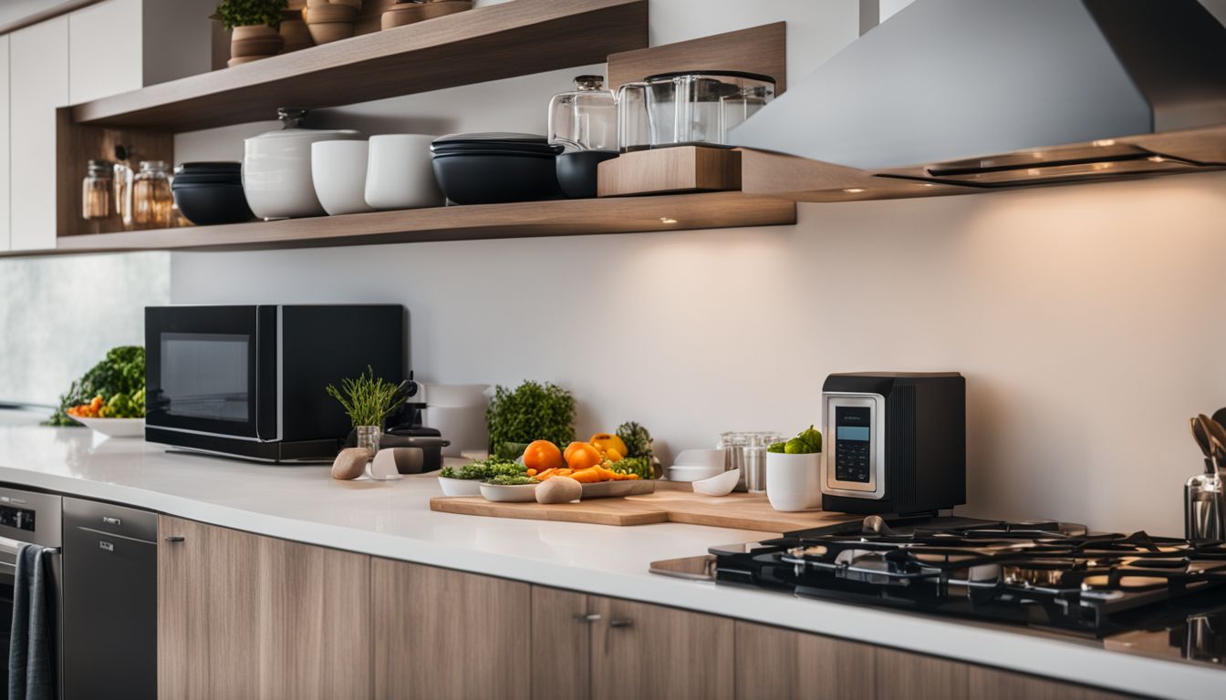A photo showcasing three types of microwaves in a modern kitchen.
