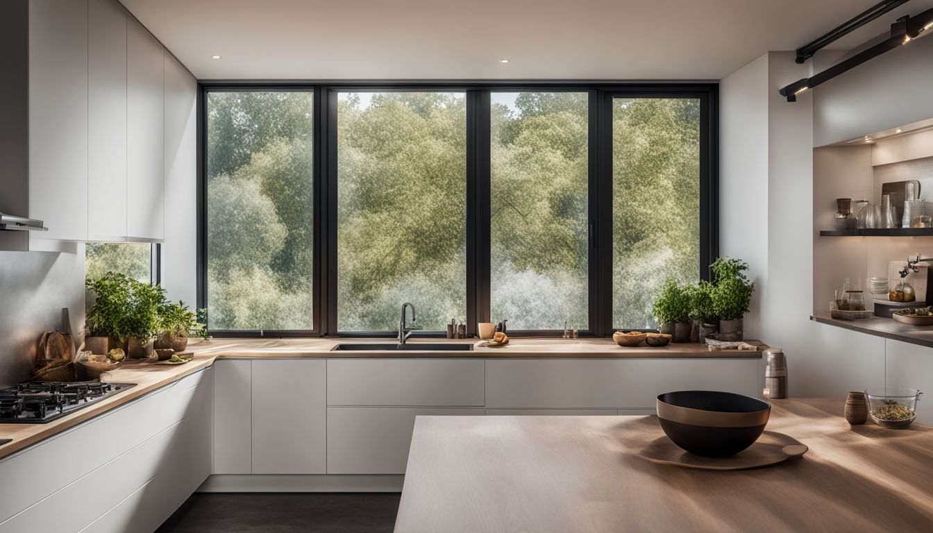 An open window brings fresh air into a modern kitchen scene.