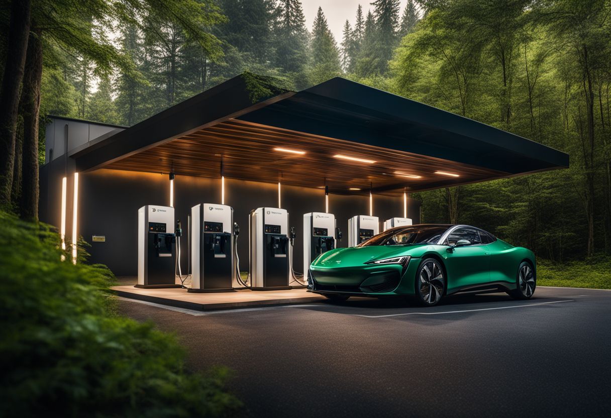 An EV charging station in a green forest, surrounded by diversity.