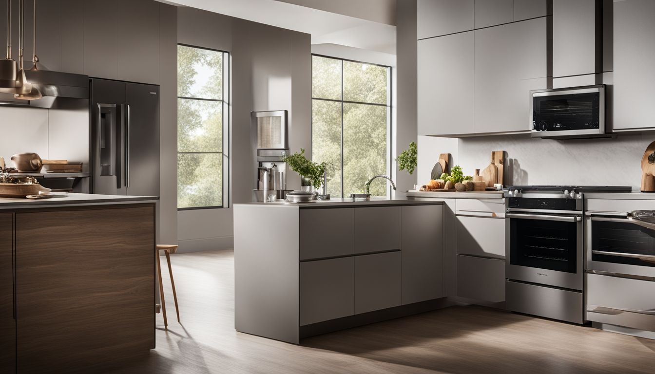 A modern kitchen with sleek appliances and utensils, bustling atmosphere.