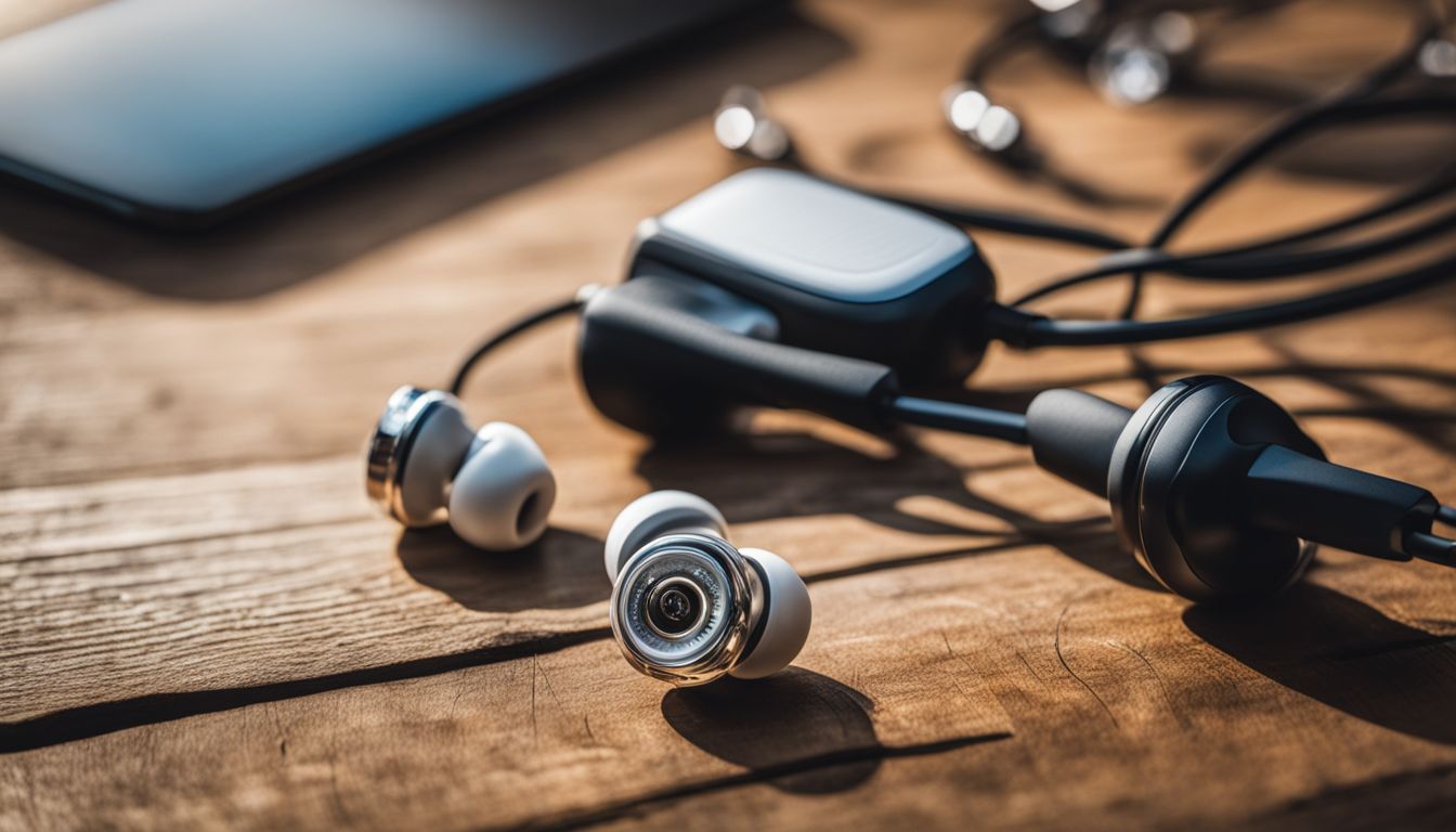 A pair of wired earbuds surrounded by musical notes on a wooden table.