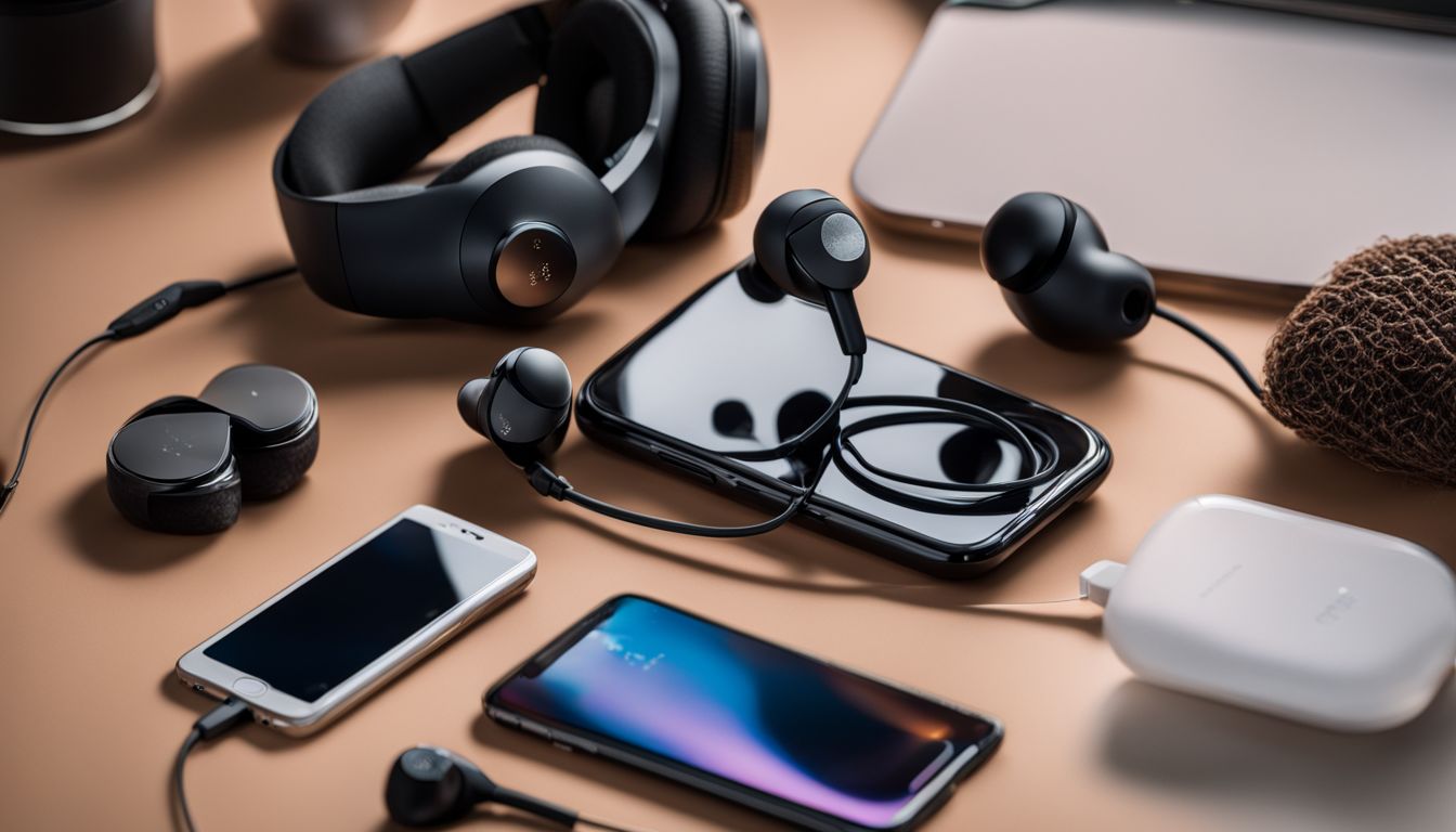 A variety of electronic devices surrounded by wired and wireless earbuds.