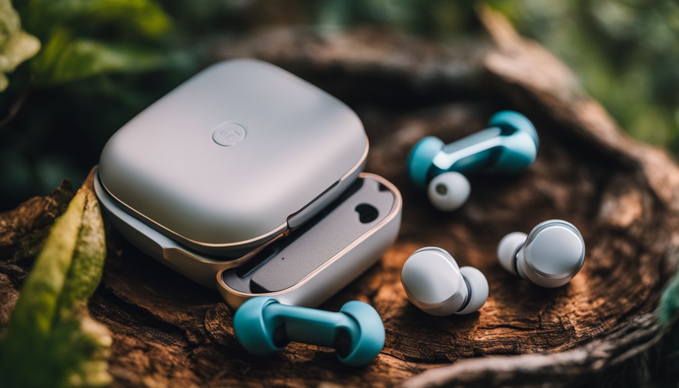 A photo of wireless earbuds surrounded by vibrant nature.
