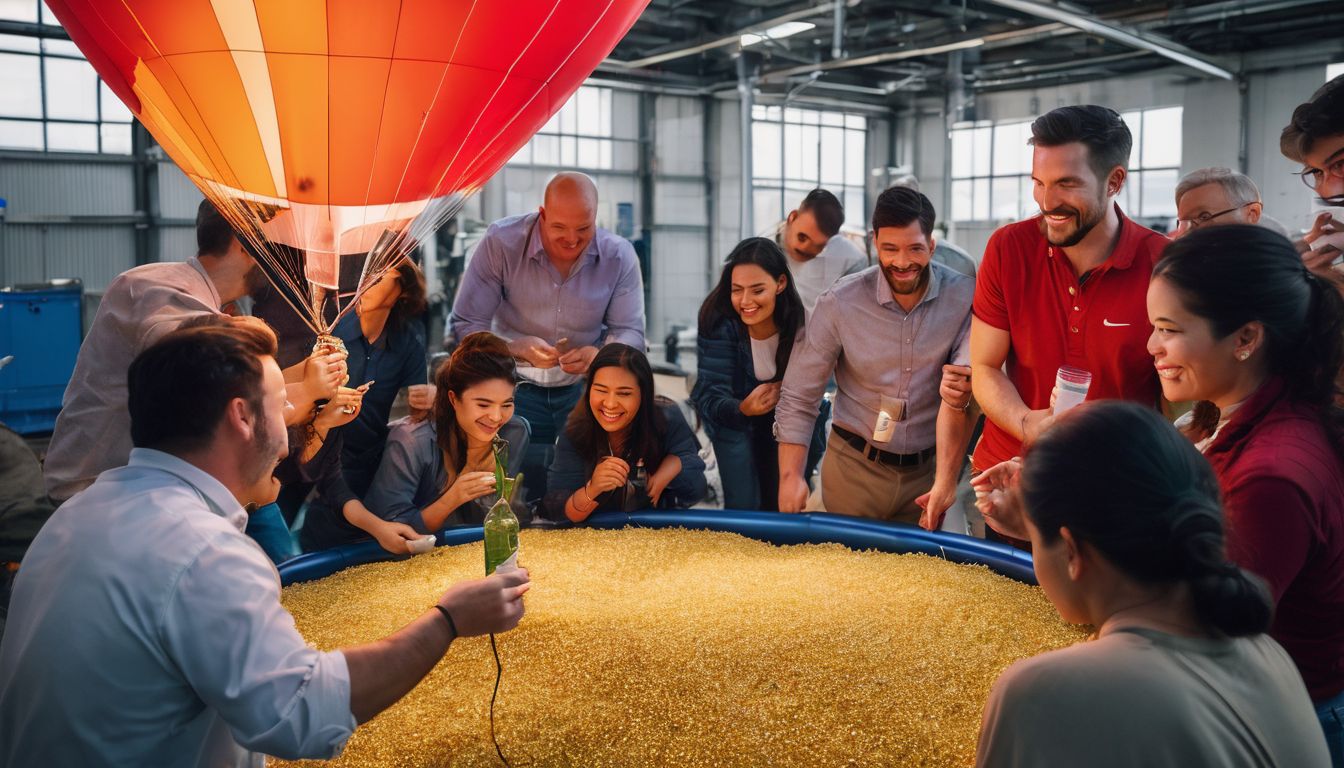 A diverse group of people working happily together in a balloon biogas plant.