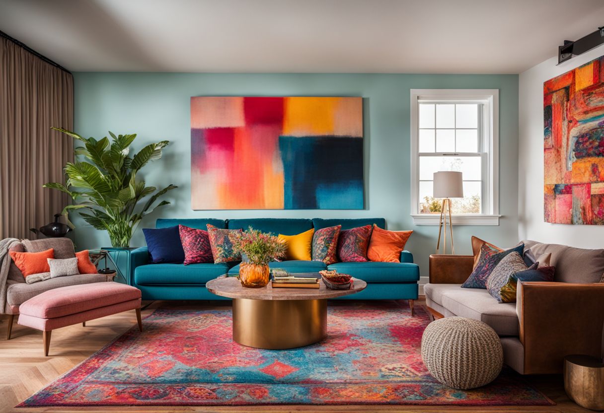 A vibrant and colorful living room with unique furniture and decor.