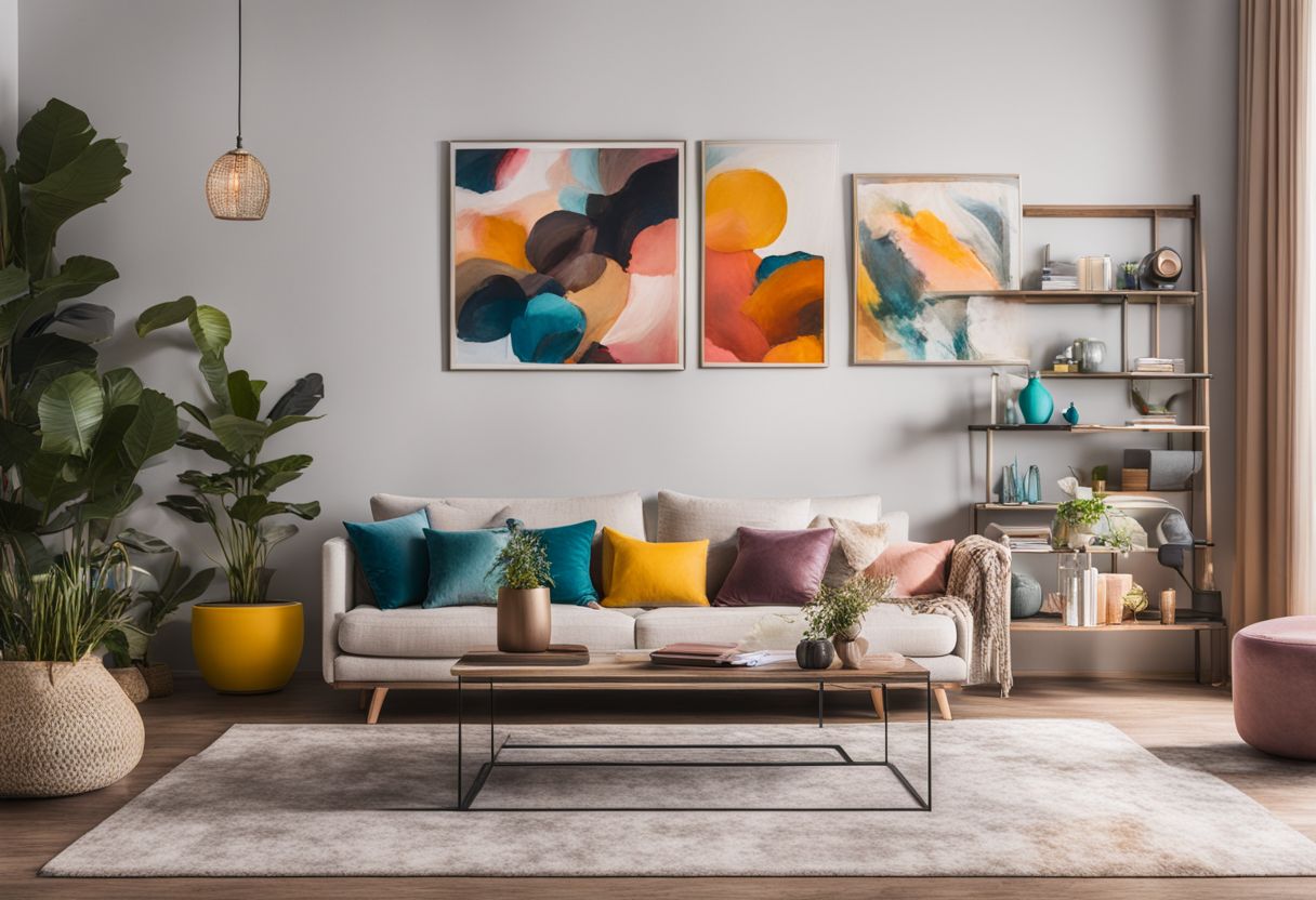 A vibrant and stylish living room with DIY artwork and affordable furniture.