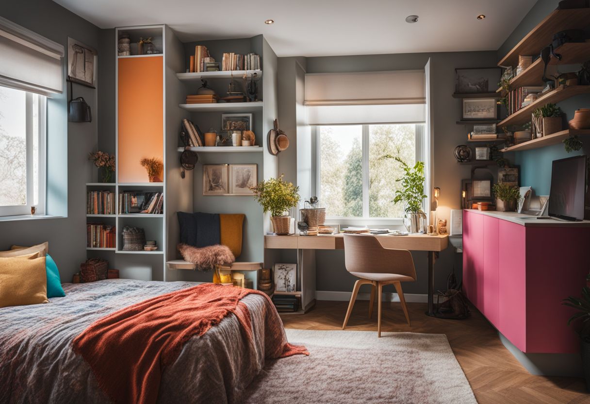 How to Decorate Small Room in Low Budget: A well-organized small room with clever storage solutions and colorful decor.