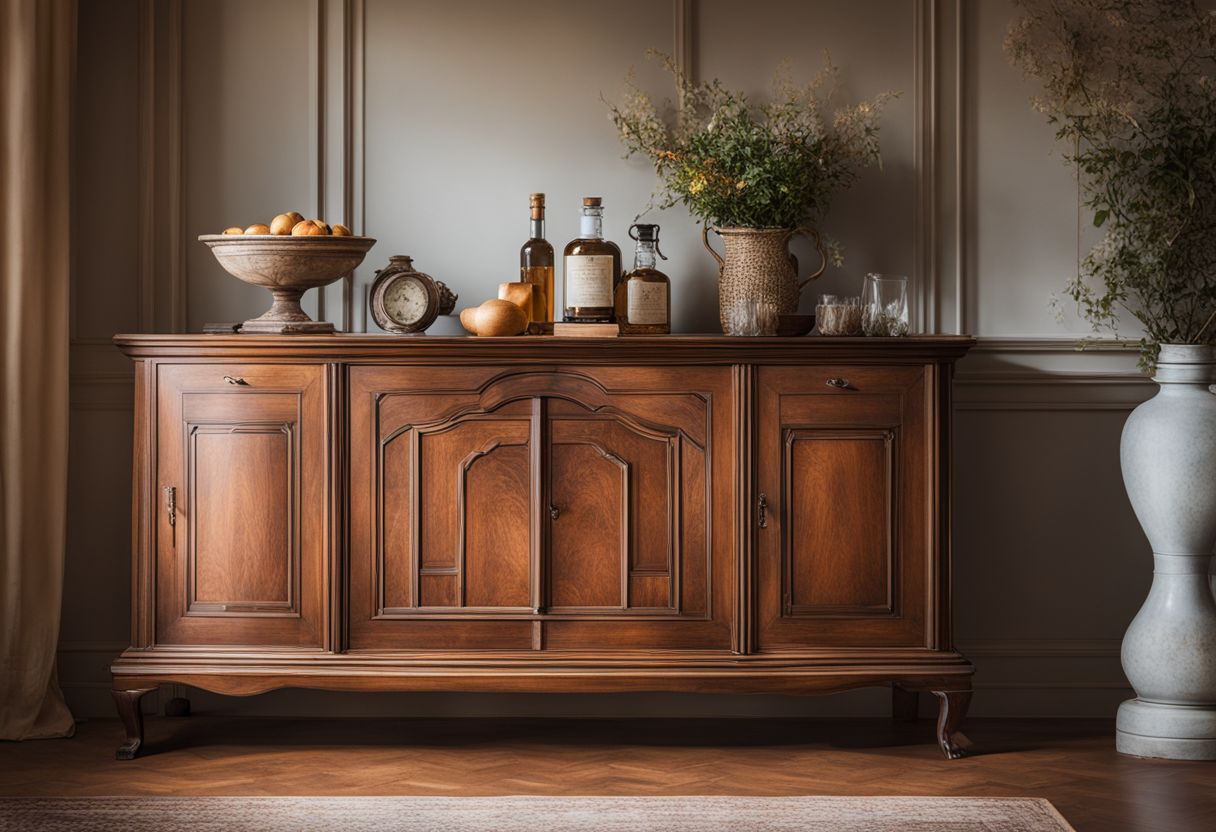 An antique sideboard in a well-lit room with cleaning supplies nearby.