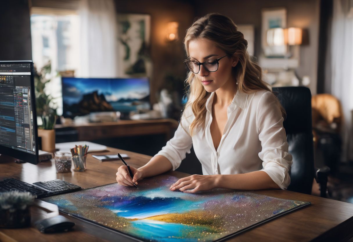 A person working on a diamond painting with Photoshop at a desk.