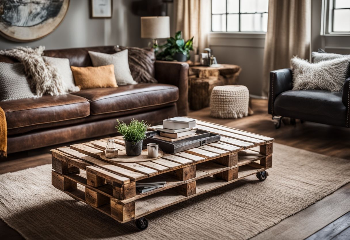 A rustic wooden coffee table surrounded by DIY decor items.
