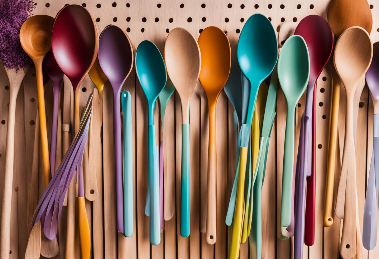 Hand-painted wooden utensils on colorful pegboard in bustling atmosphere.