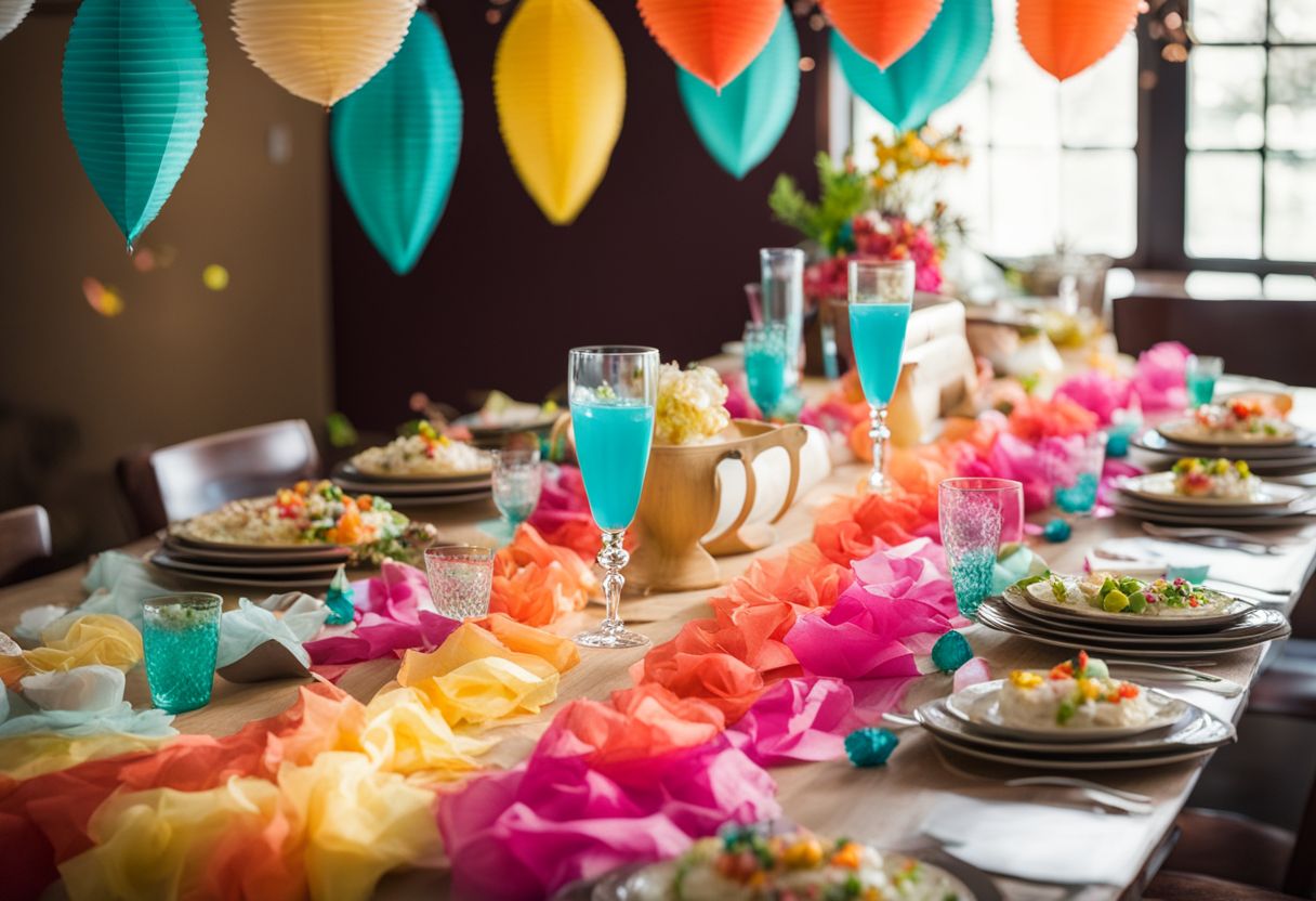 A DIY decorated party table with colorful decorations and a table runner.