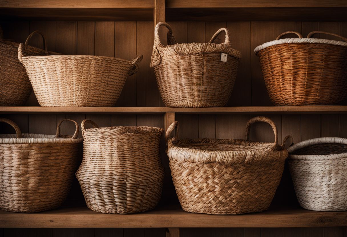 simple budget apartment living room ideas: A collection of stylish woven baskets displayed on a wooden shelf.