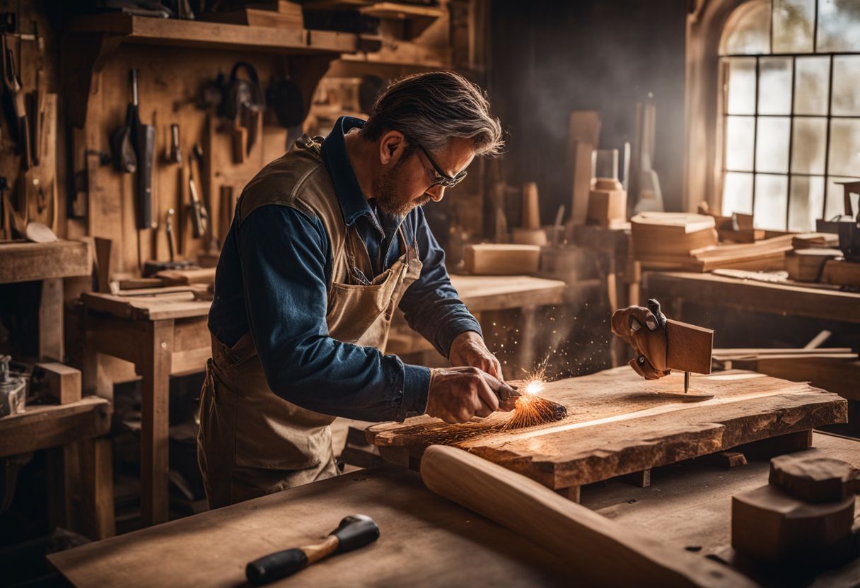 A craftsman carving solid wood furniture with hand tools.