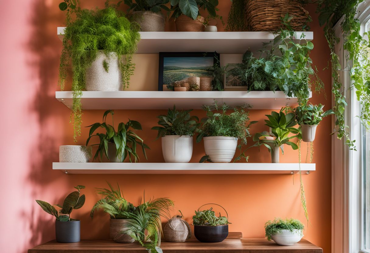 How to Decorate on a Budget for Small Spaces: Hanging shelves with plants and decorative items against a colorful accent wall.