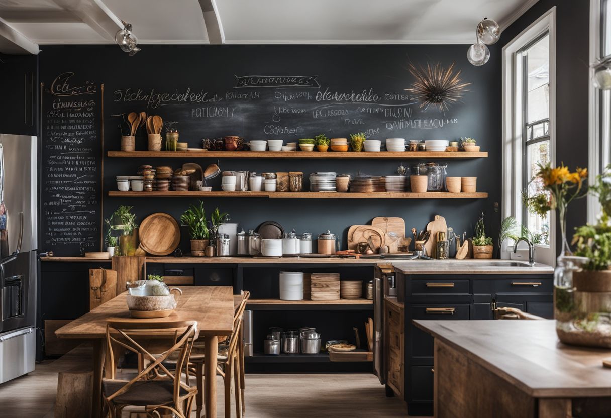Inspirational kitchen with colorful decor, organized shelves, and a chalkboard menu.