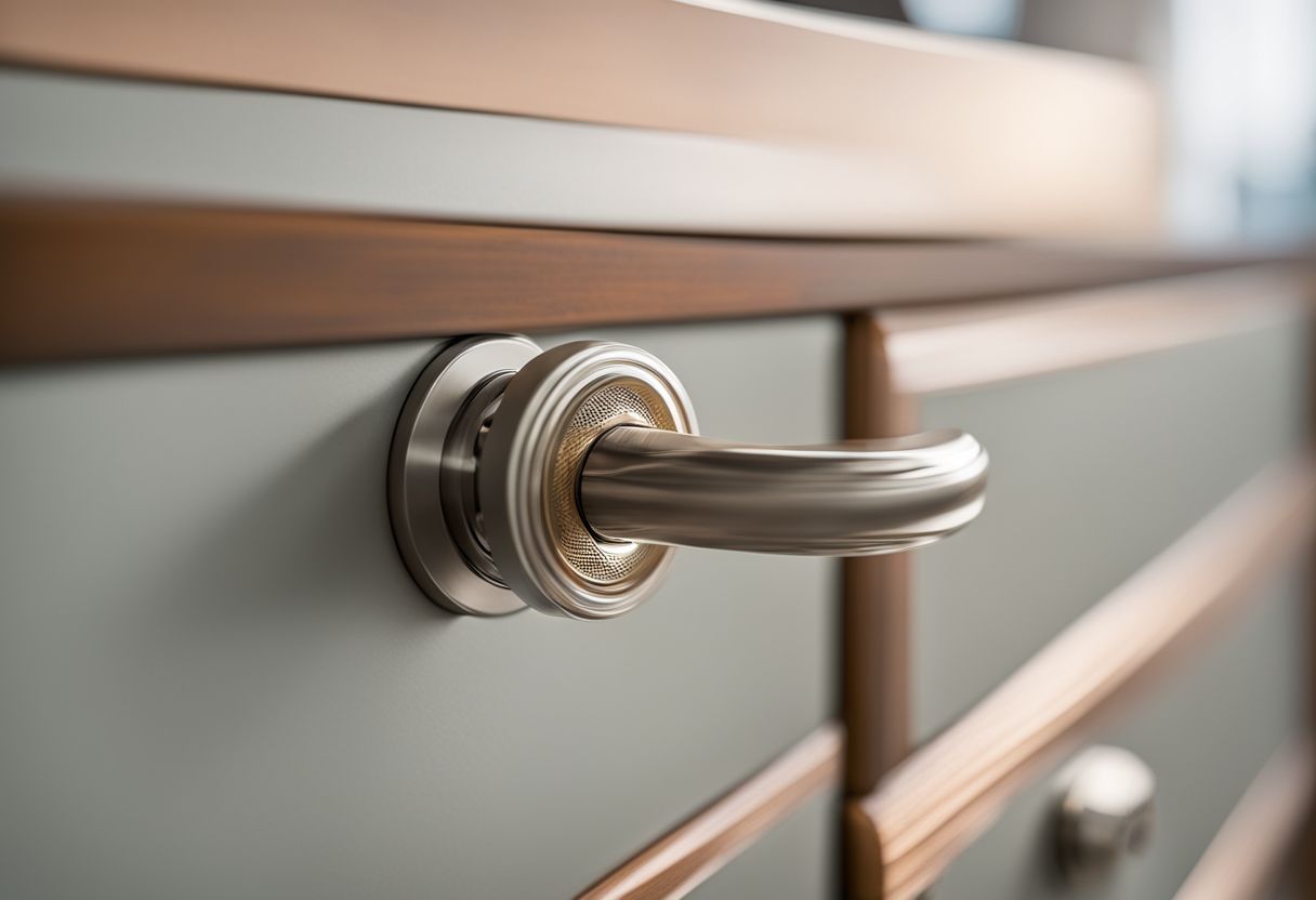 Close-up of a stylish drawer handle in a modern, organized bedroom.