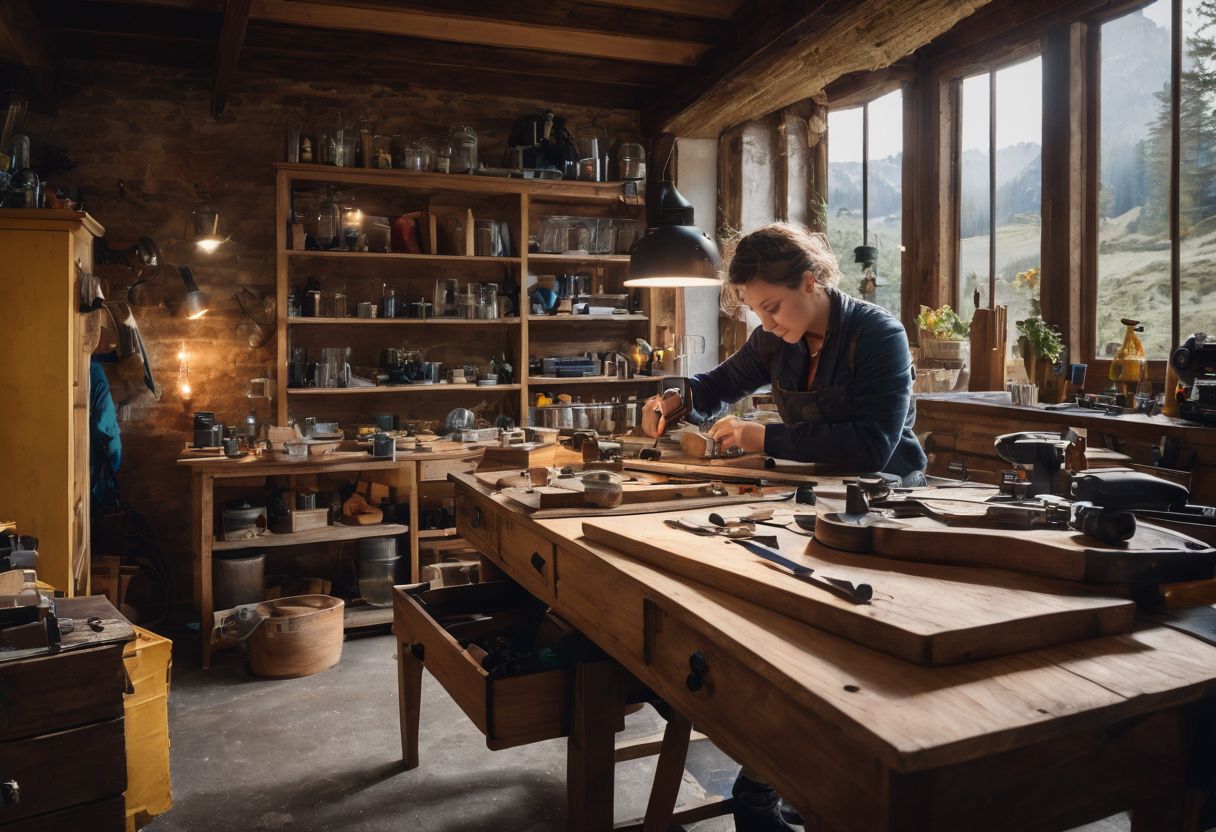 What Tools Do I Need to Upcycle Furniture: A person upcycles furniture in a bustling workshop surrounded by tools.