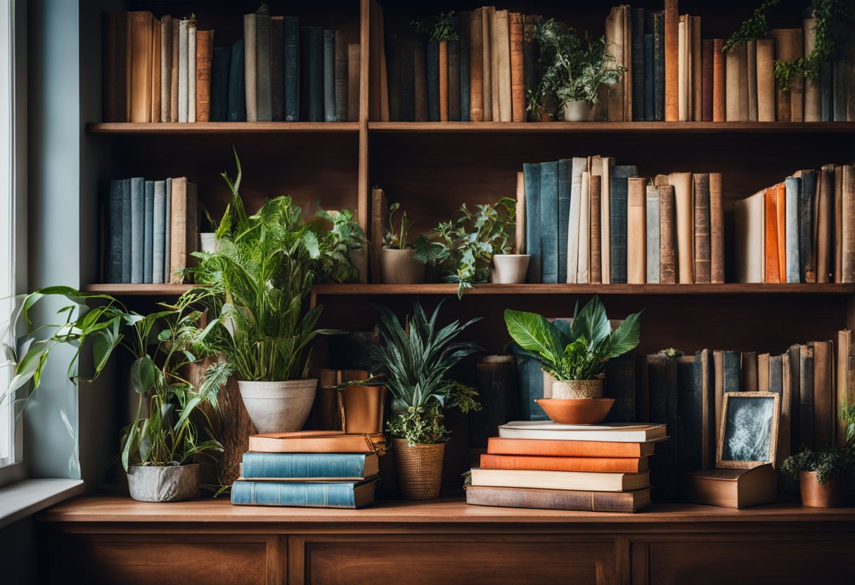 A beautifully arranged bookshelf with colorful books, plants, and decorative objects.