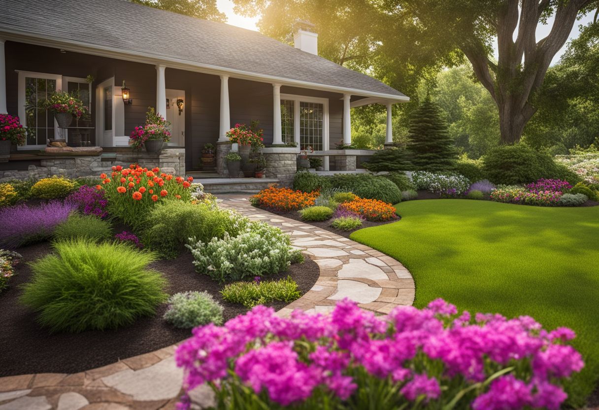 How to Make Your House Look Luxurious on a Budget: A picturesque front yard with diverse people and vibrant landscaping.