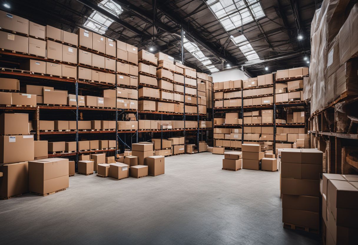 A warehouse filled with stacked furniture boxes and diverse people.