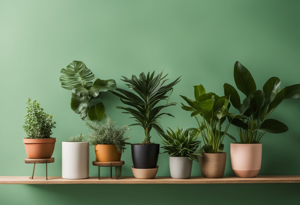A row of potted plants on a floating shelf against a green accent wall.
