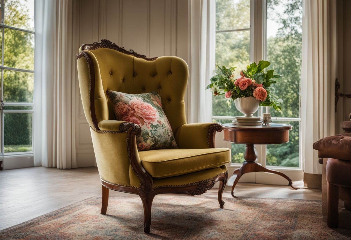 A vintage armchair in front of a window overlooking a garden.