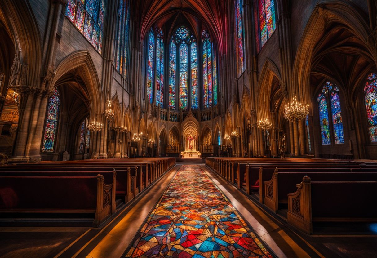 Home Decor Tips: A beautifully designed stained glass window in a cathedral interior.
