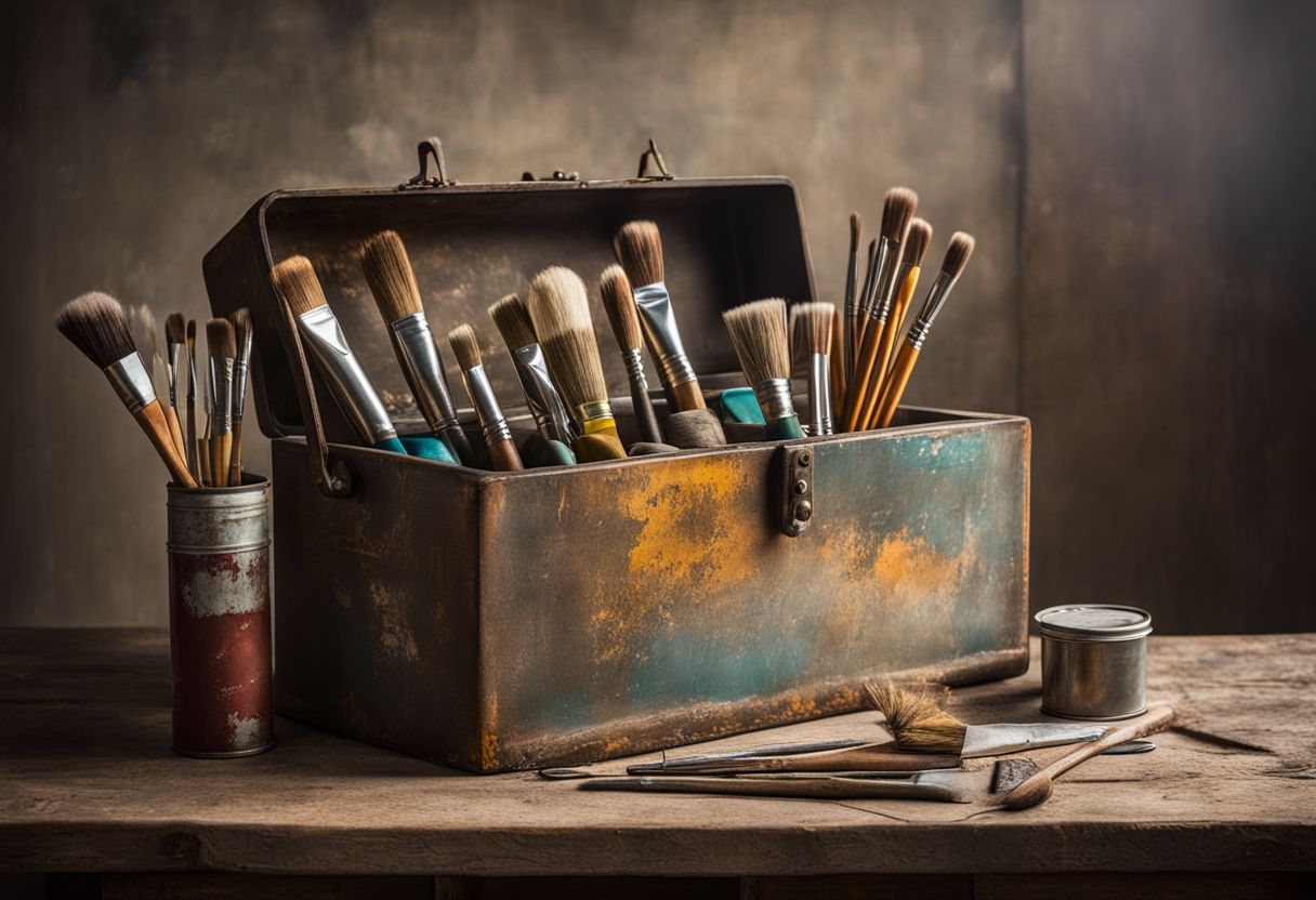 A vintage toolbox filled with painting supplies in a studio setting.